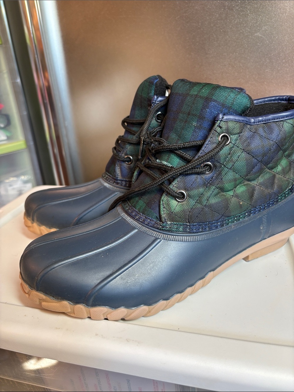 St. John's Bay Navy Rubber Duck Boots with Green Plaid Quilted Upper